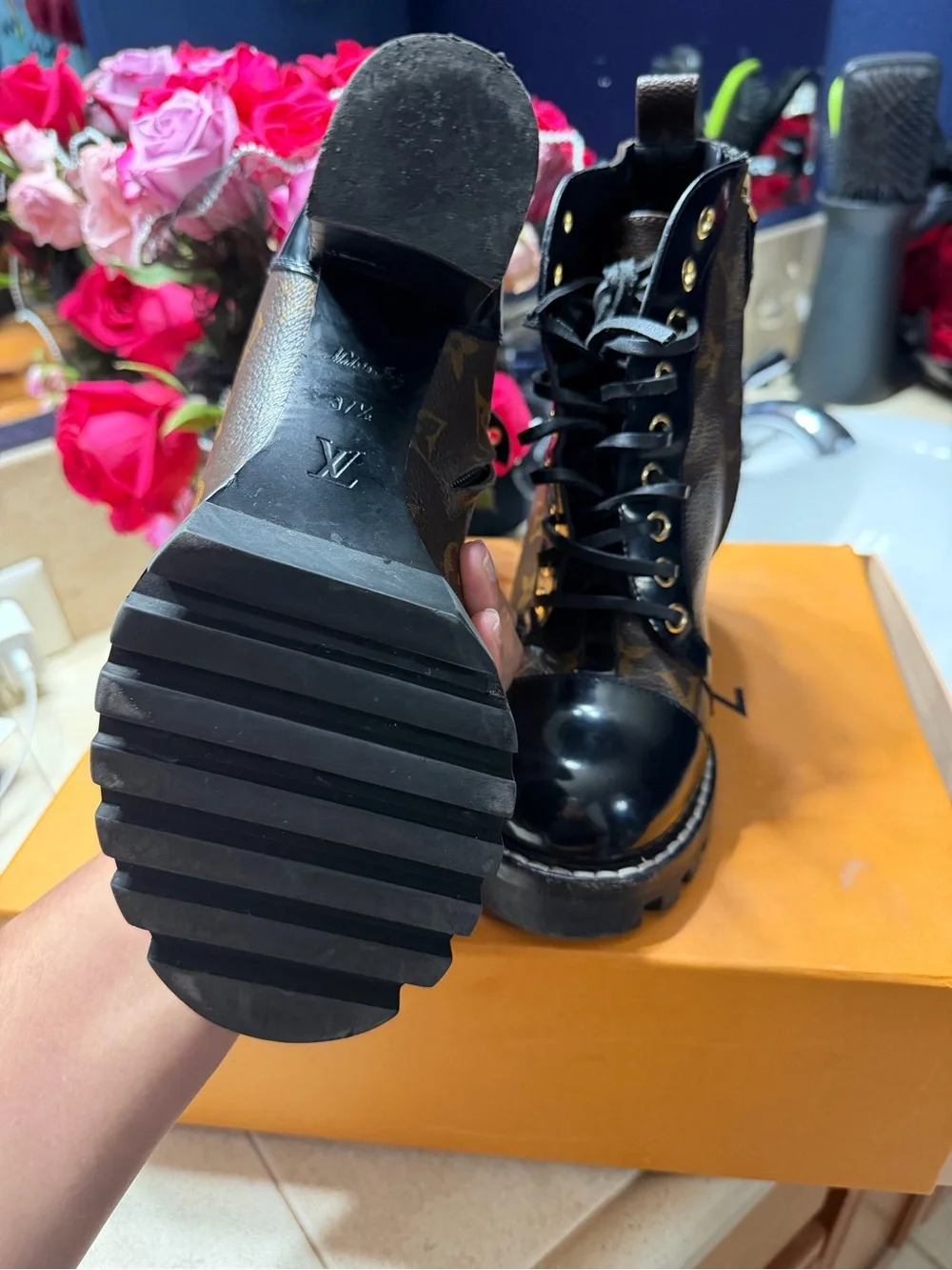 Louis Vuitton Black and Brown Monogram Lace-Up Platform Boots
